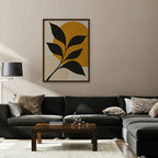 Black Leaf on Gold Canvas Art - Vertical – Walnut Floating Frame in room setting