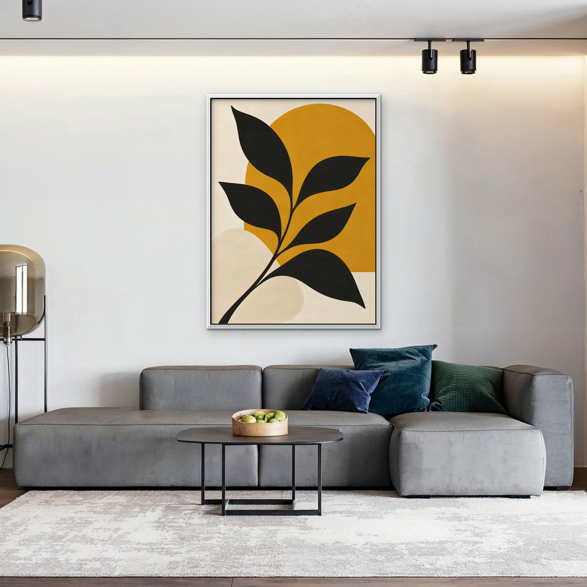 Black Leaf on Gold Canvas Art - Vertical – White Floating Frame in room setting