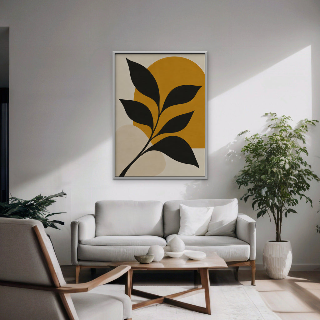 Black Leaf on Gold Canvas Art - Vertical – White Floating Frame in room setting