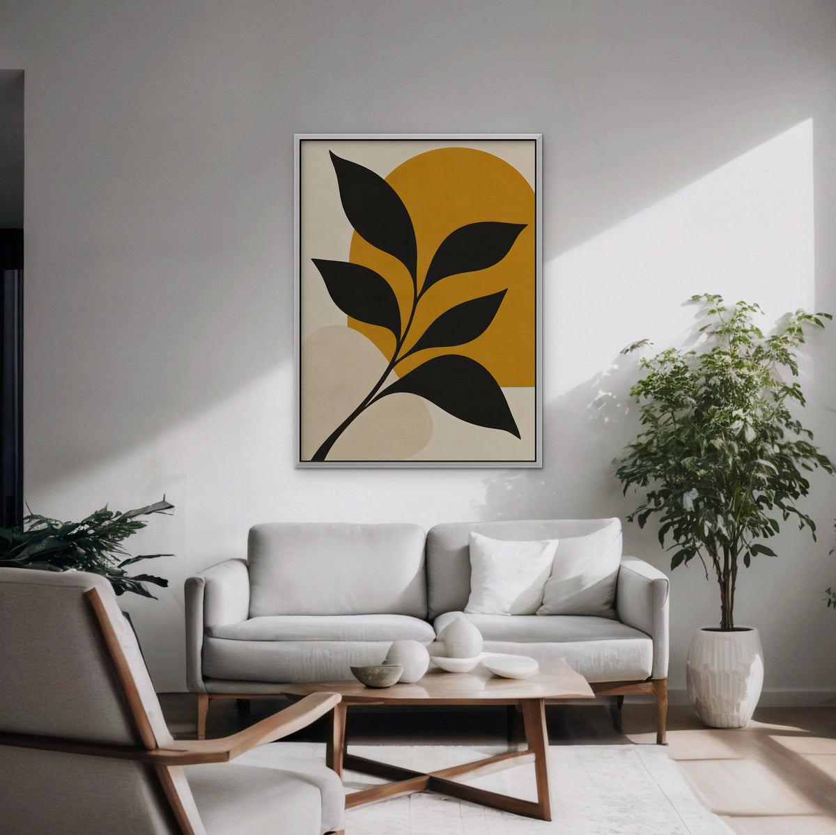 Black Leaf on Gold Canvas Art - Vertical – White Floating Frame in room setting