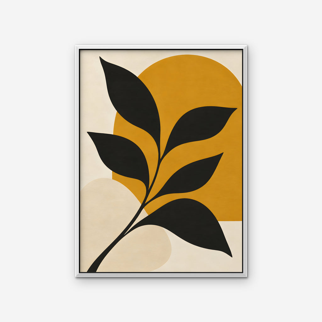 Black Leaf on Gold Canvas Art - Vertical – White Floating Frame on white background