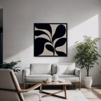 Black Leaf Silhouette Canvas Art - Square – Black Floating Frame in room setting