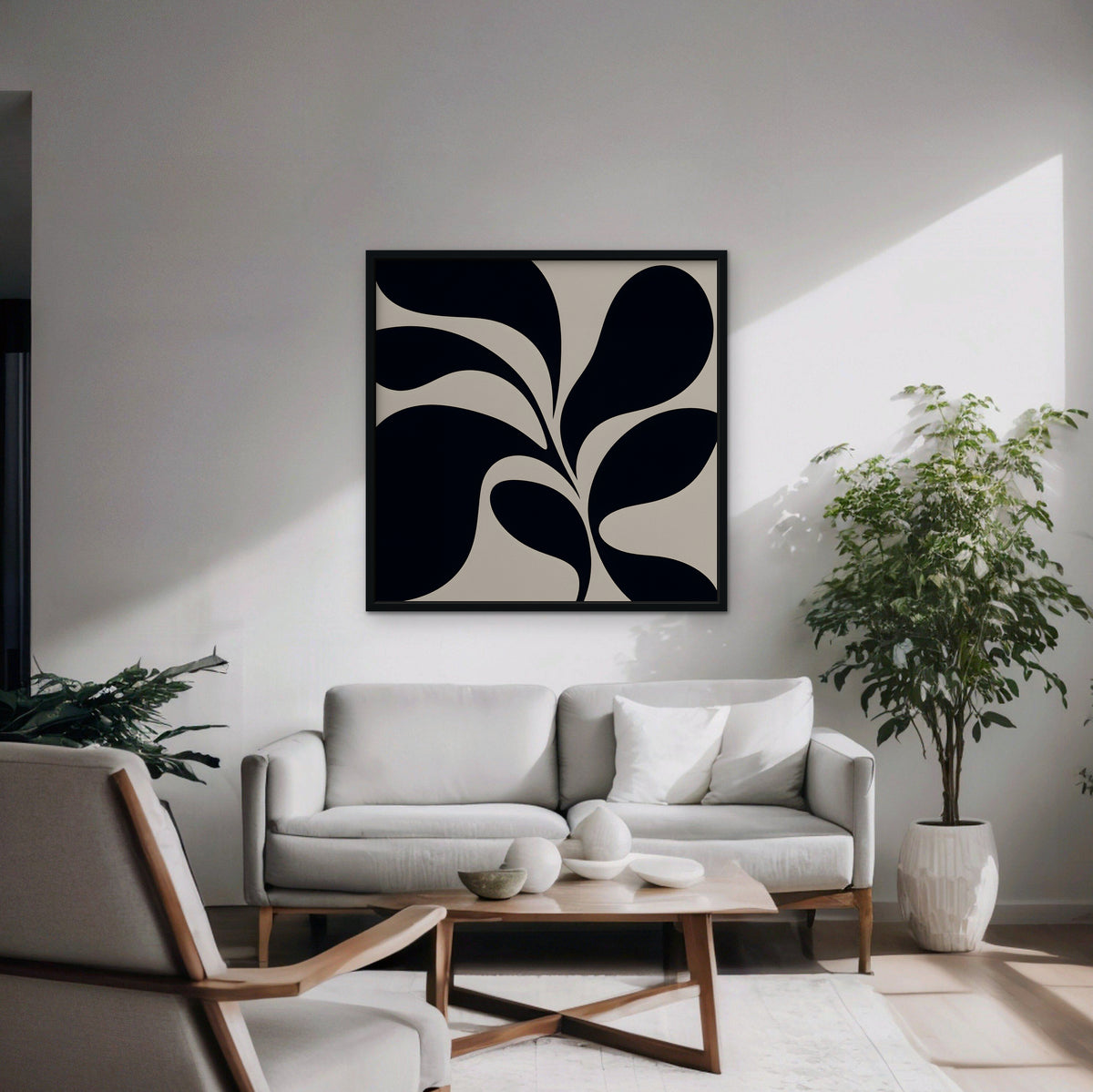 Black Leaf Silhouette Canvas Art - Square – Black Floating Frame in room setting