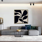 Black Leaf Silhouette Canvas Art - Square – Gold Floating Frame in room setting