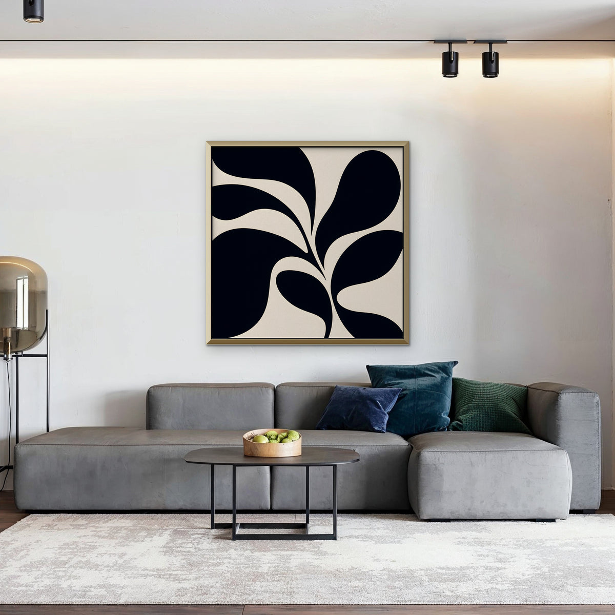 Black Leaf Silhouette Canvas Art - Square – Gold Floating Frame in room setting
