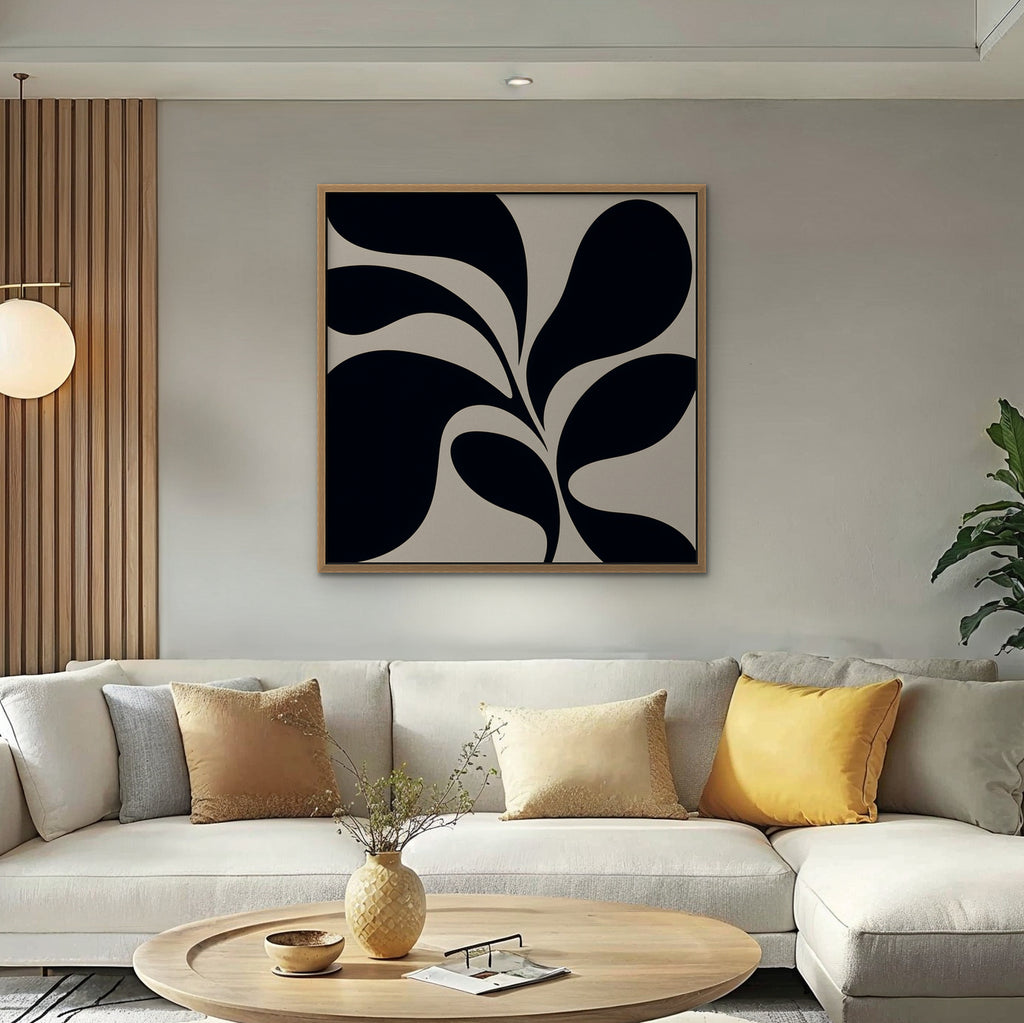 Black Leaf Silhouette Canvas Art - Square – Oak Floating Frame in room setting