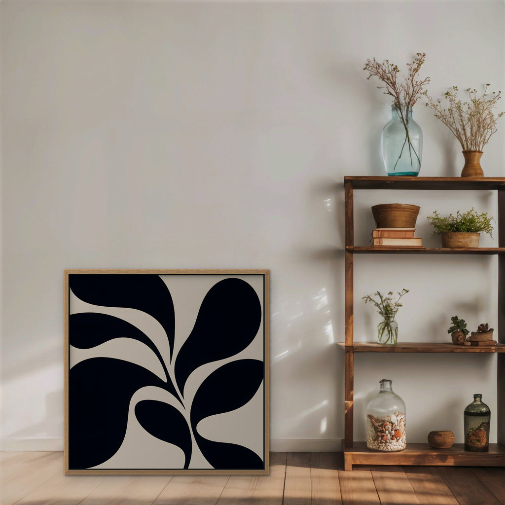 Black Leaf Silhouette Canvas Art - Square – Oak Floating Frame in room setting