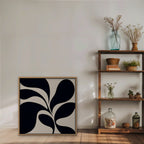 Black Leaf Silhouette Canvas Art - Square – Oak Floating Frame in room setting