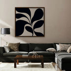 Black Leaf Silhouette Canvas Art - Square – Walnut Floating Frame in room setting