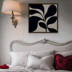 Black Leaf Silhouette Canvas Art - Square – Walnut Floating Frame in room setting