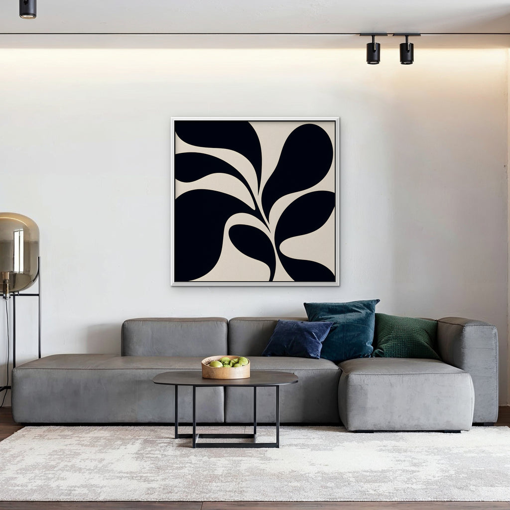 Black Leaf Silhouette Canvas Art - Square – White Floating Frame in room setting