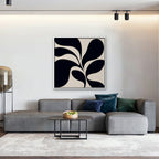 Black Leaf Silhouette Canvas Art - Square – White Floating Frame in room setting