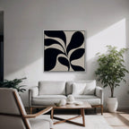 Black Leaf Silhouette Canvas Art - Square – White Floating Frame in room setting