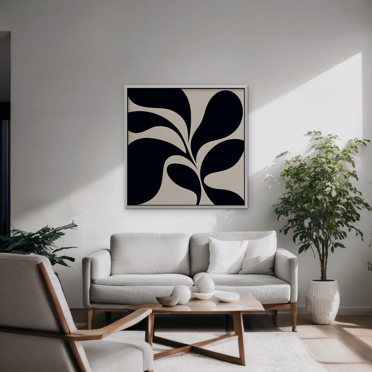 Black Leaf Silhouette Canvas Art - Square – White Floating Frame in room setting