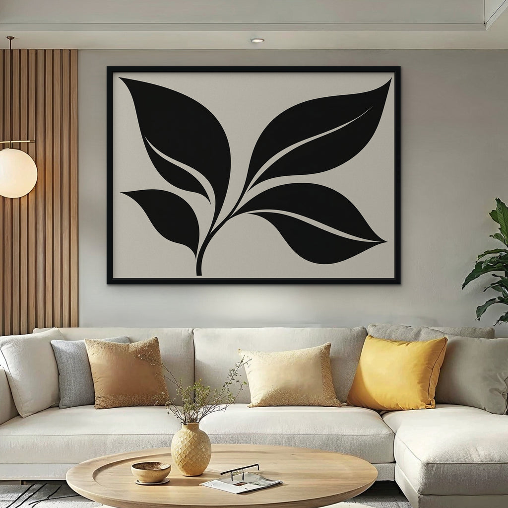 Black Leaf Sprig Canvas Art - Horizontal – Black Floating Frame in room setting