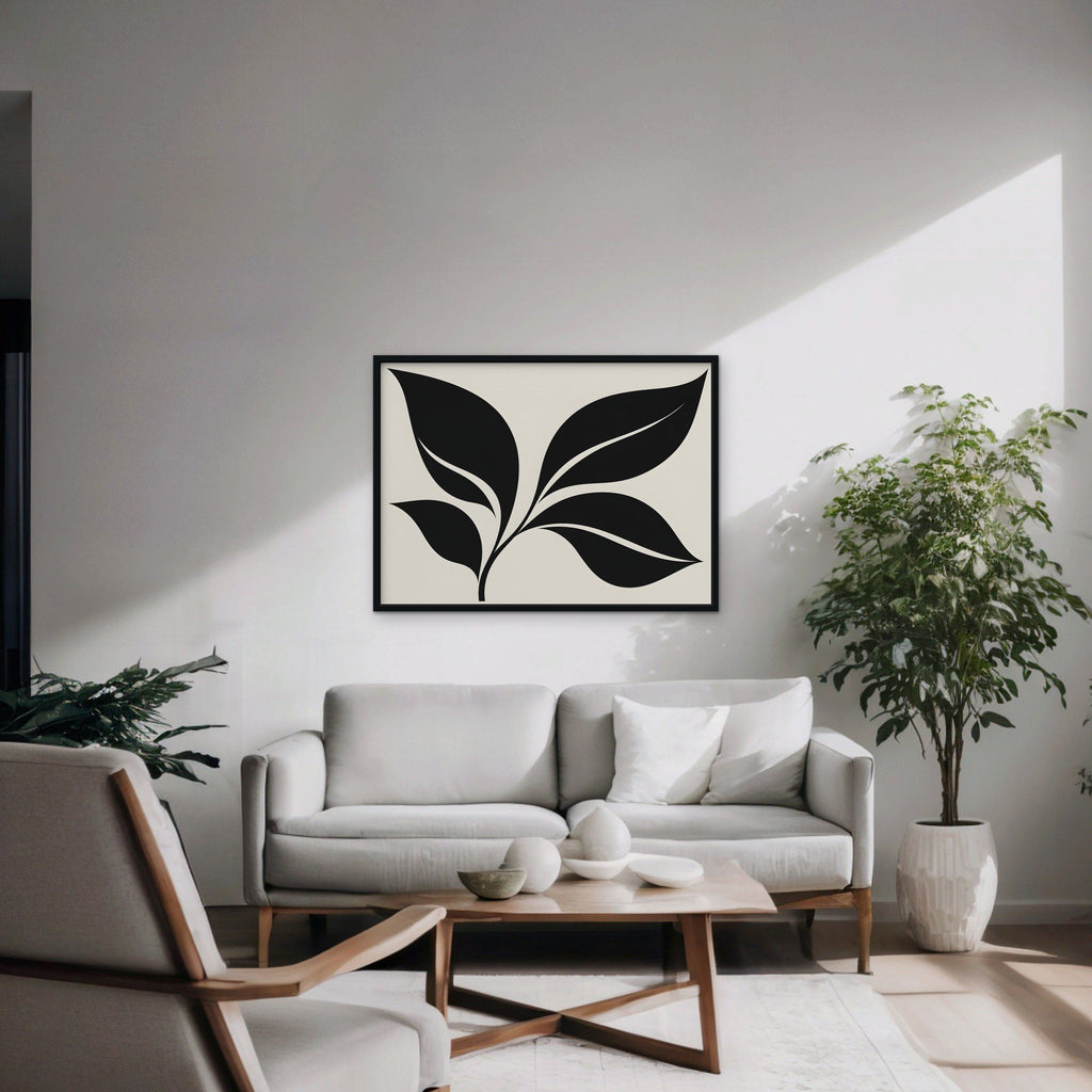 Black Leaf Sprig Canvas Art - Horizontal – Black Floating Frame in room setting
