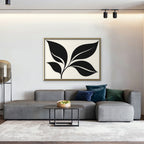 Black Leaf Sprig Canvas Art - Horizontal – Gold Floating Frame in room setting