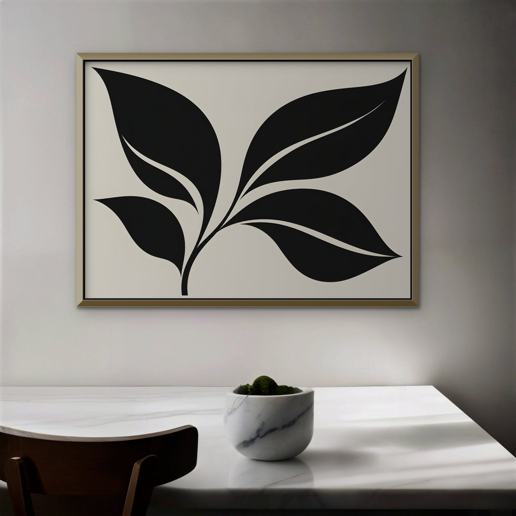 Black Leaf Sprig Canvas Art - Horizontal – Gold Floating Frame in room setting