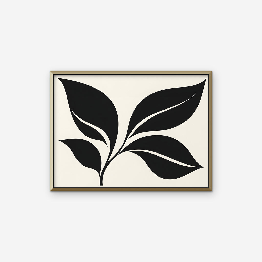 Black Leaf Sprig Canvas Art - Horizontal – Gold Floating Frame on white background