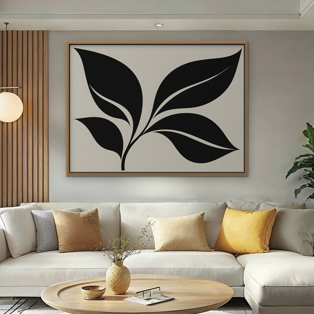 Black Leaf Sprig Canvas Art - Horizontal – Oak Floating Frame in room setting