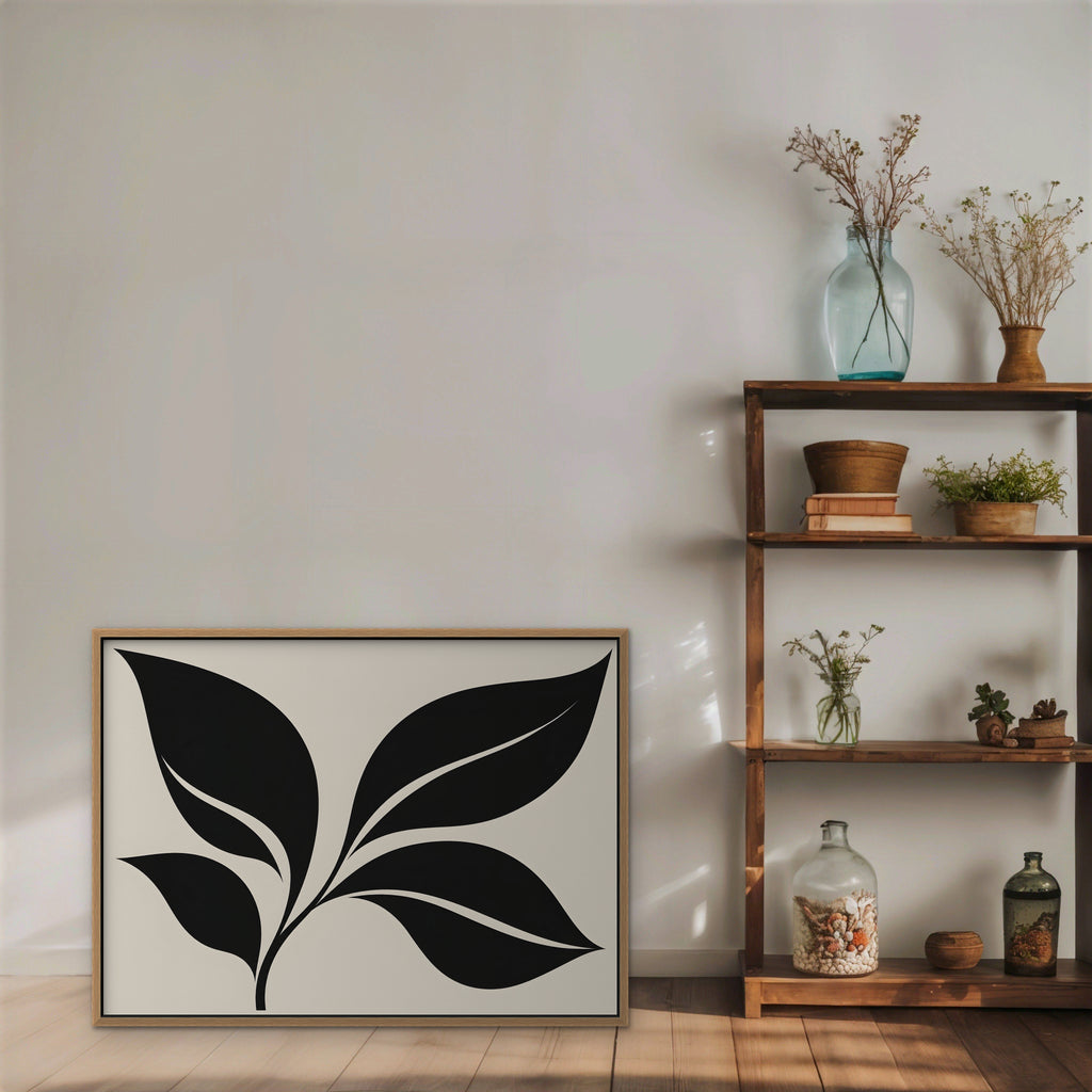 Black Leaf Sprig Canvas Art - Horizontal – Oak Floating Frame in room setting