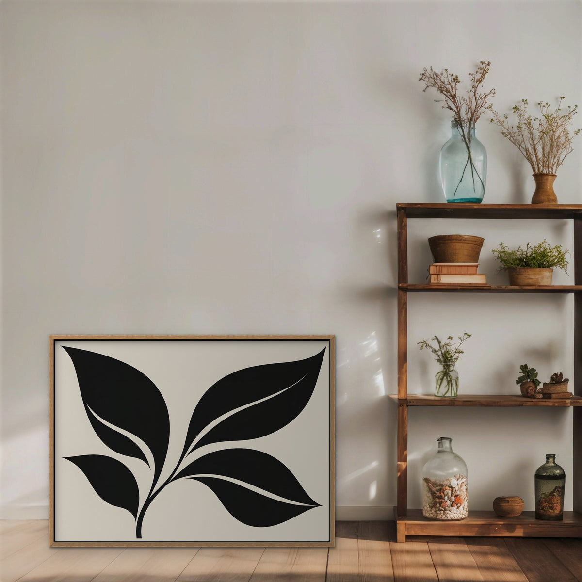 Black Leaf Sprig Canvas Art - Horizontal – Oak Floating Frame in room setting