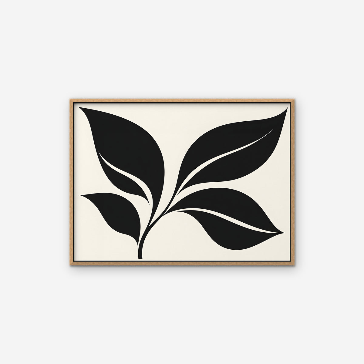 Black Leaf Sprig Canvas Art - Horizontal – Oak Floating Frame on white background
