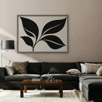 Black Leaf Sprig Canvas Art - Horizontal – Silver Floating Frame in room setting