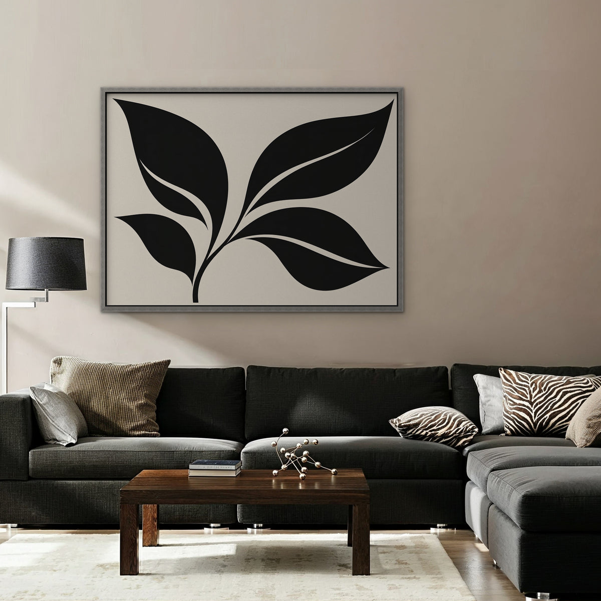 Black Leaf Sprig Canvas Art - Horizontal – Silver Floating Frame in room setting