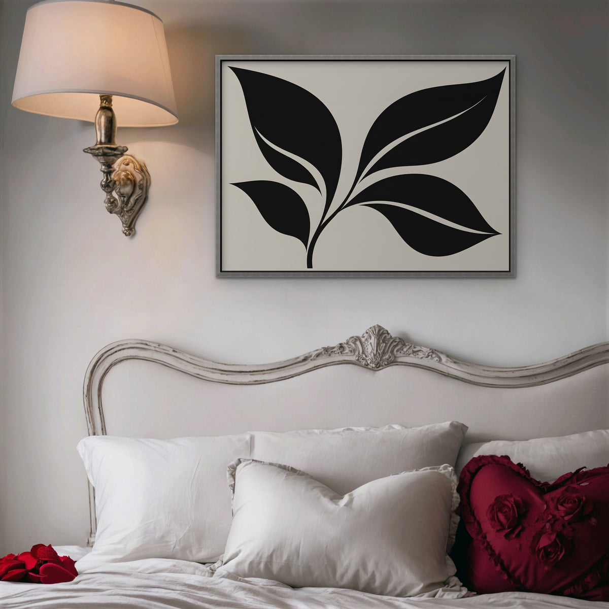Black Leaf Sprig Canvas Art - Horizontal – Silver Floating Frame in room setting