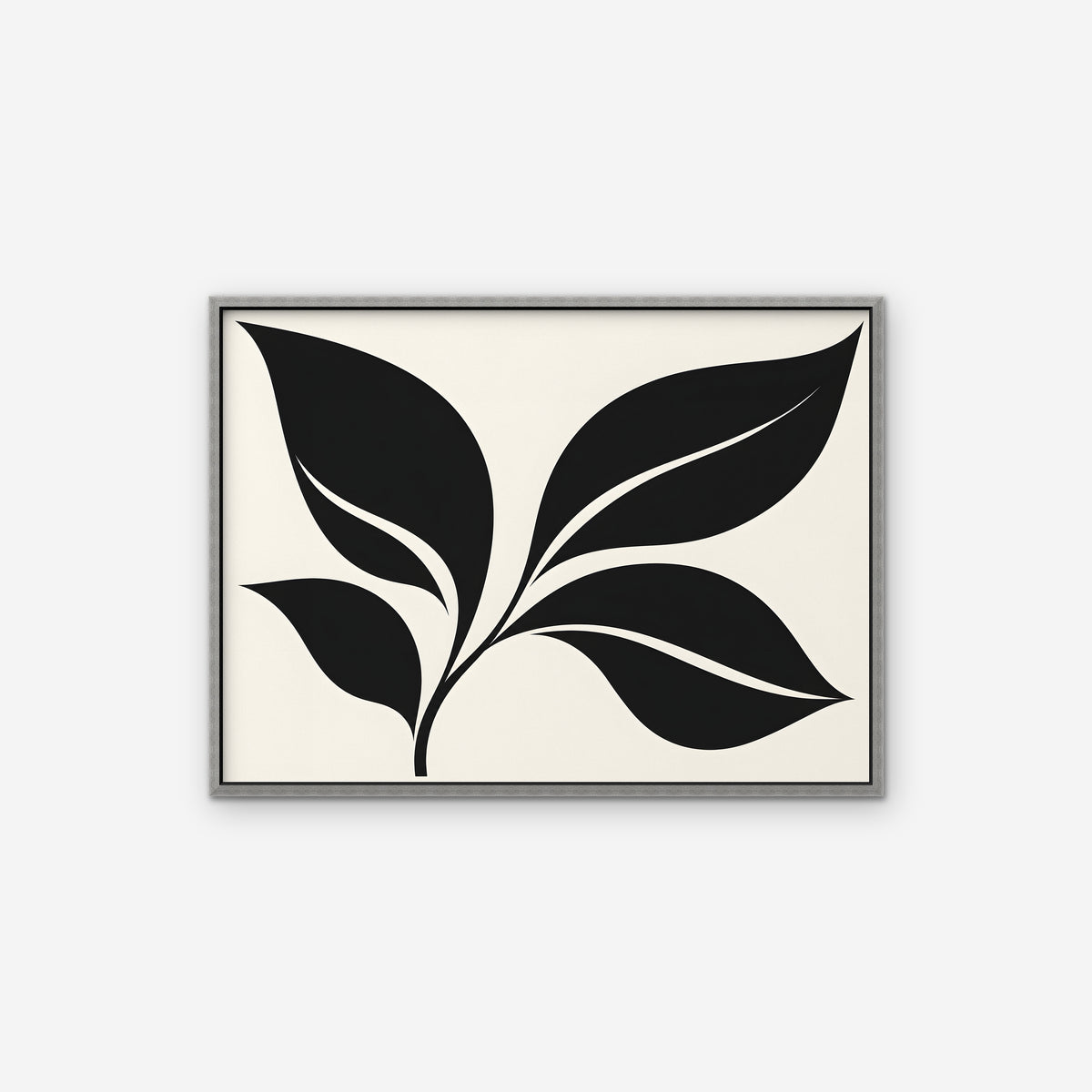 Black Leaf Sprig Canvas Art - Horizontal – Silver Floating Frame on white background
