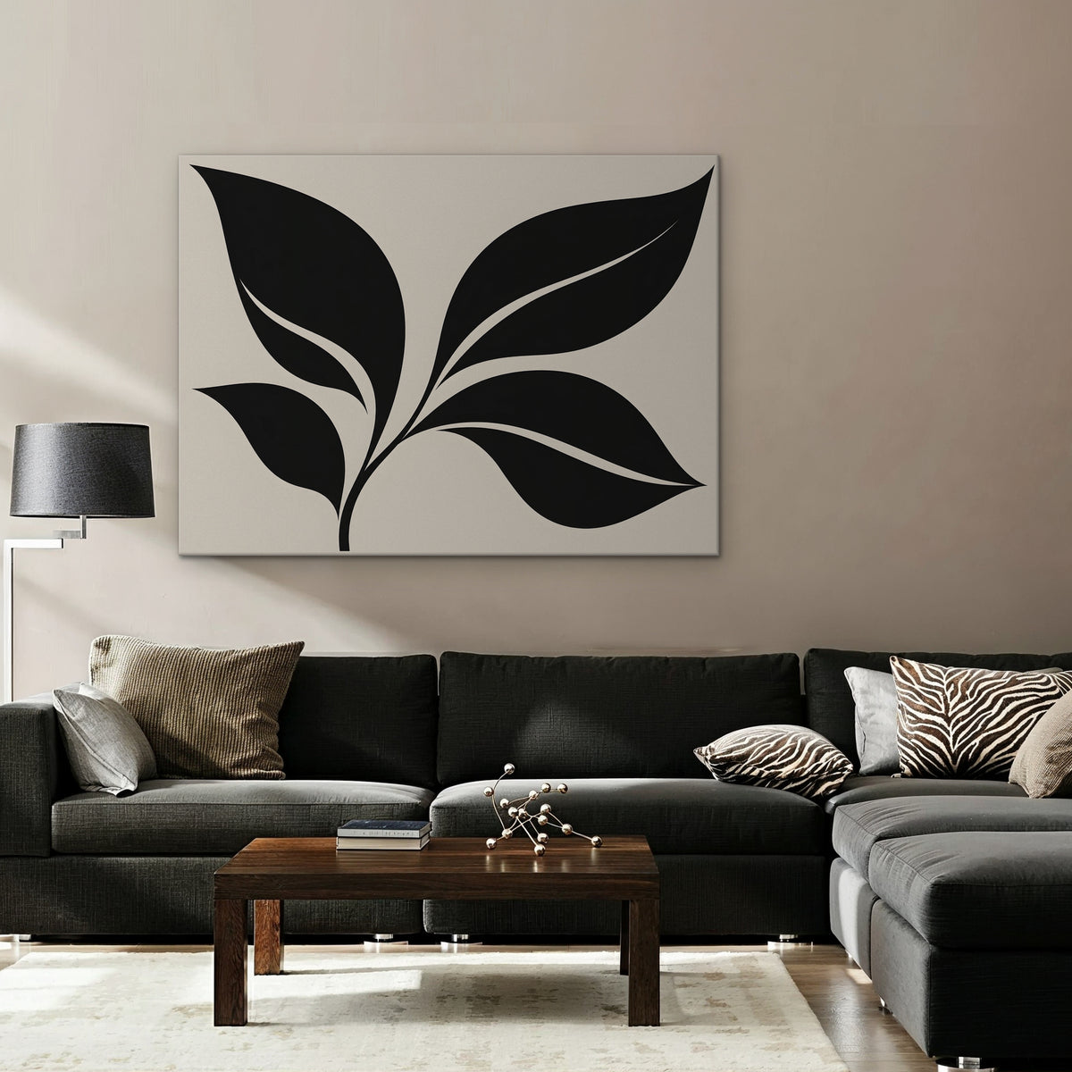Black Leaf Sprig Canvas Art - Horizontal – Stretched Canvas Only in room setting