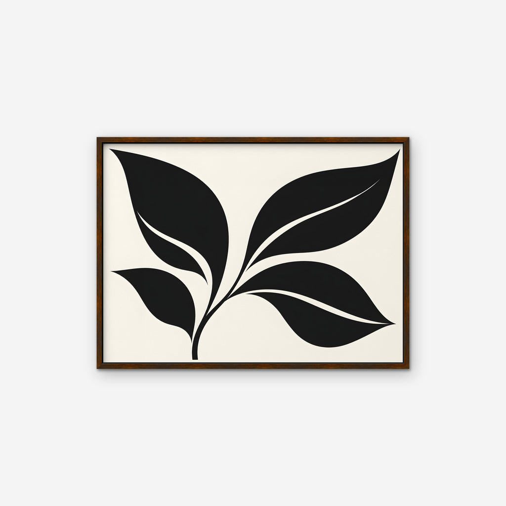 Black Leaf Sprig Canvas Art - Horizontal – Walnut Floating Frame on white background