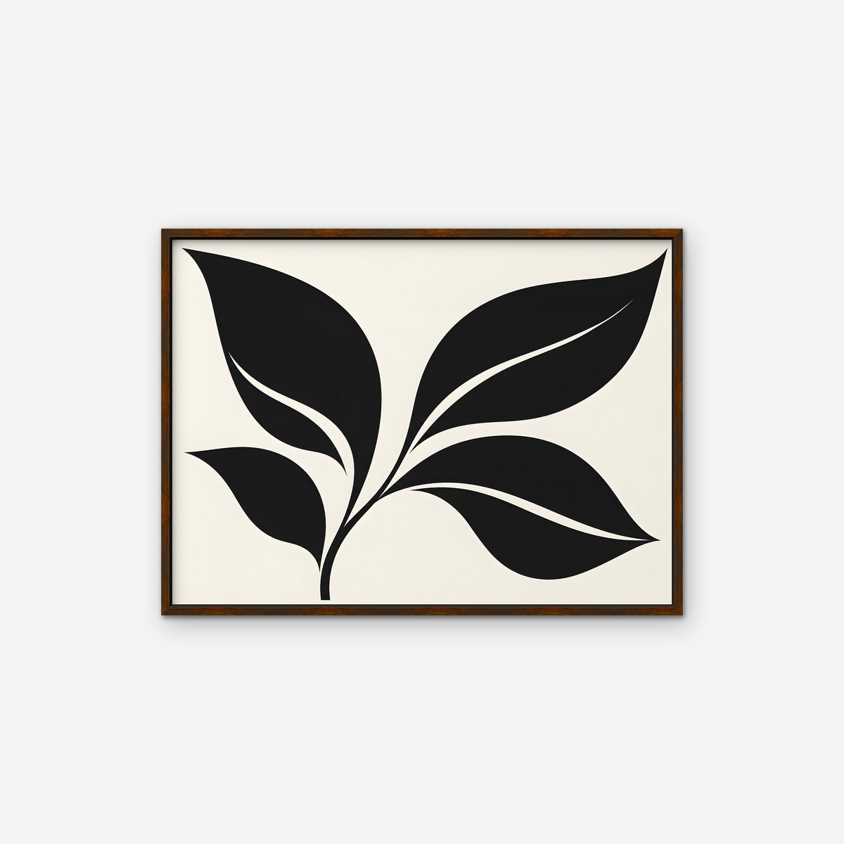 Black Leaf Sprig Canvas Art - Horizontal – Walnut Floating Frame on white background