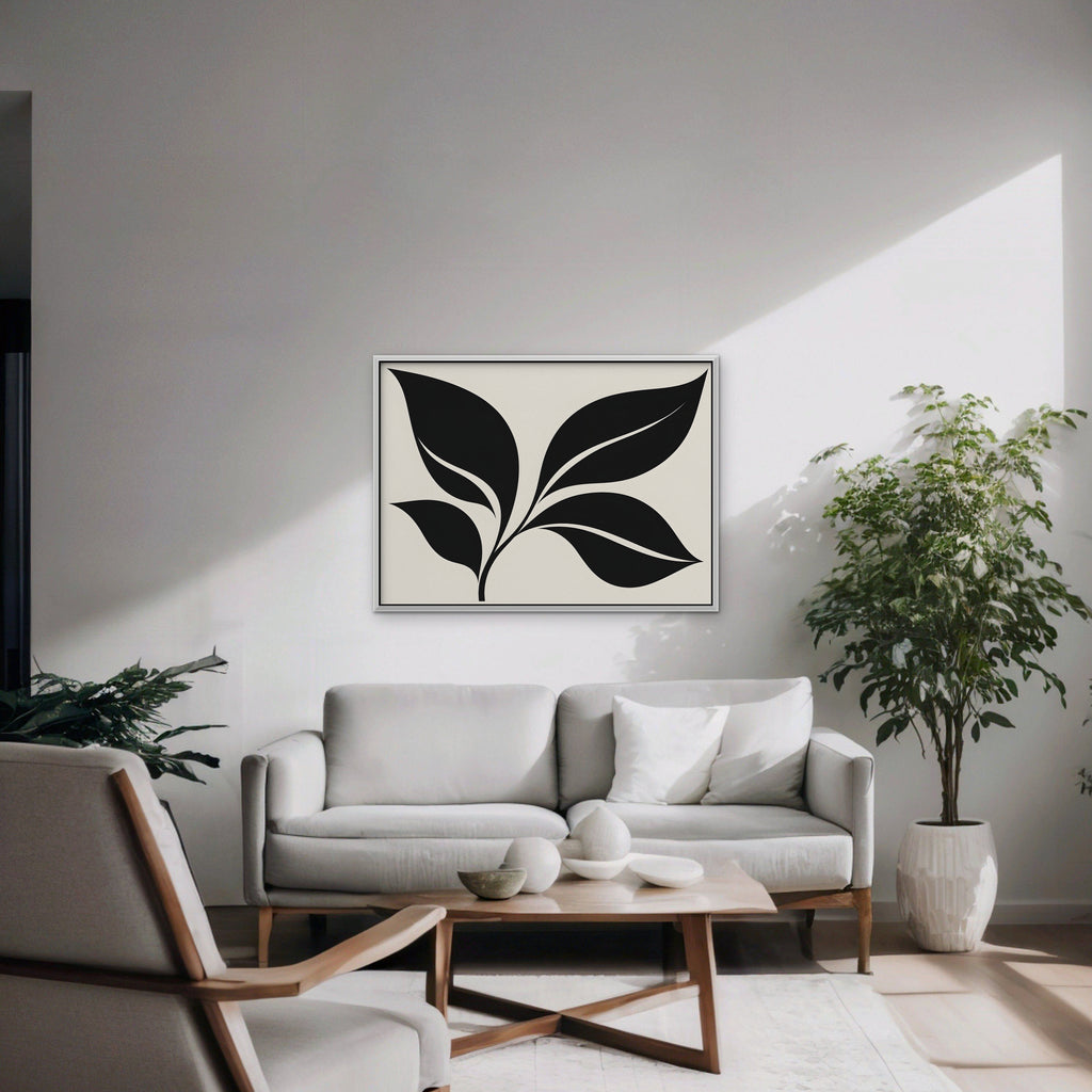 Black Leaf Sprig Canvas Art - Horizontal – White Floating Frame in room setting