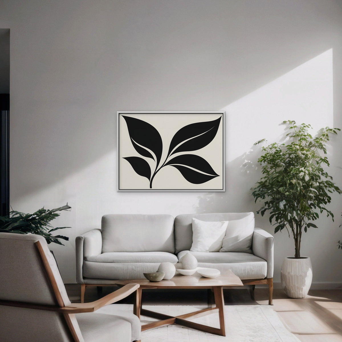 Black Leaf Sprig Canvas Art - Horizontal – White Floating Frame in room setting