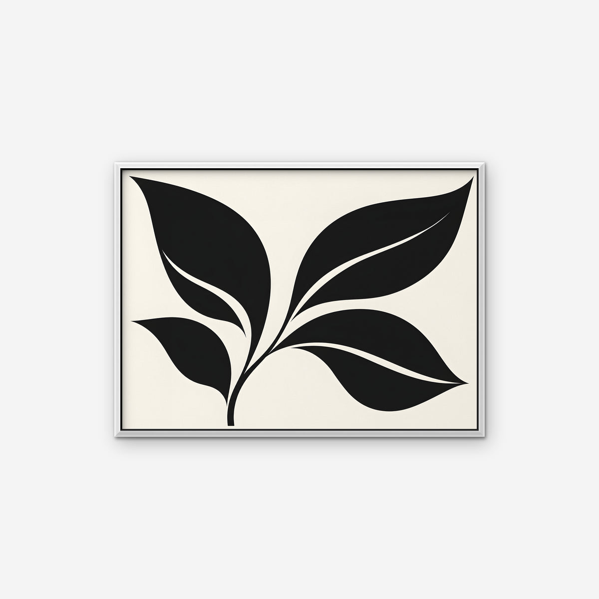 Black Leaf Sprig Canvas Art - Horizontal – White Floating Frame on white background