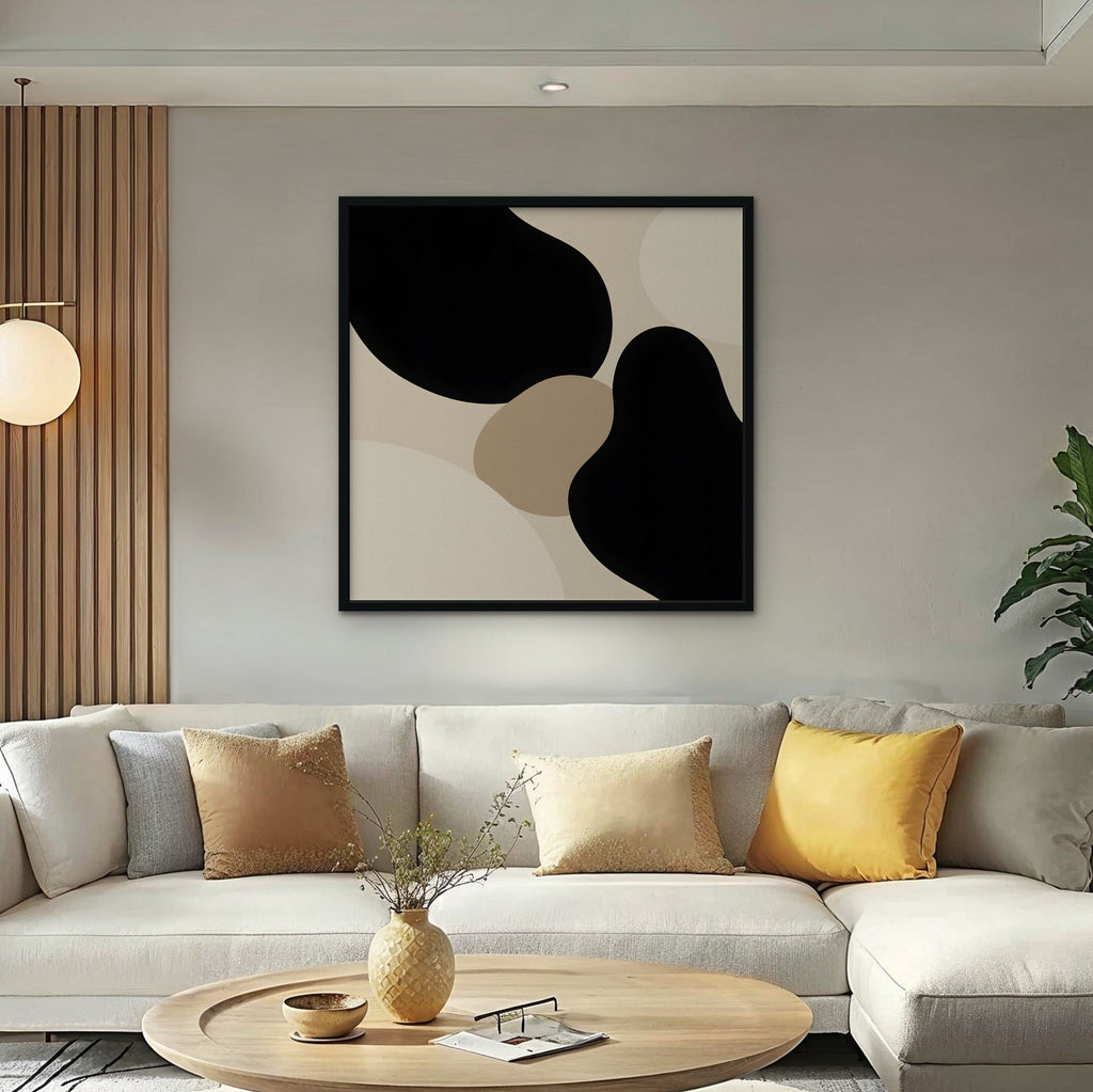 Black Organic Shapes Canvas Art - Square – Black Floating Frame in room setting