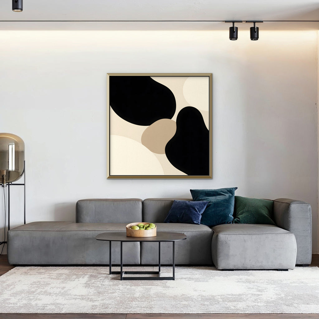 Black Organic Shapes Canvas Art - Square – Gold Floating Frame in room setting
