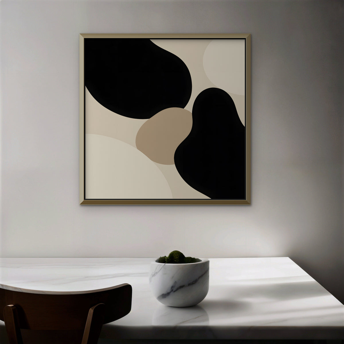Black Organic Shapes Canvas Art - Square – Gold Floating Frame in room setting