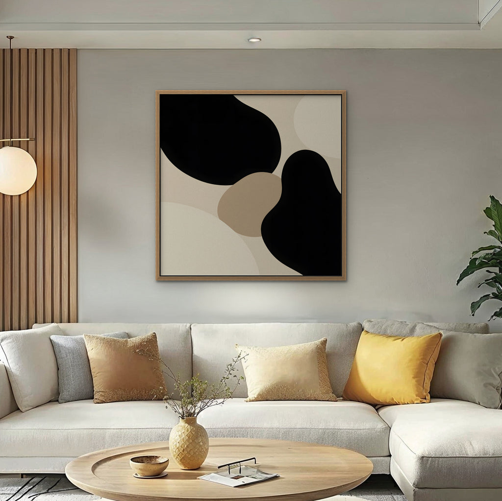 Black Organic Shapes Canvas Art - Square – Oak Floating Frame in room setting
