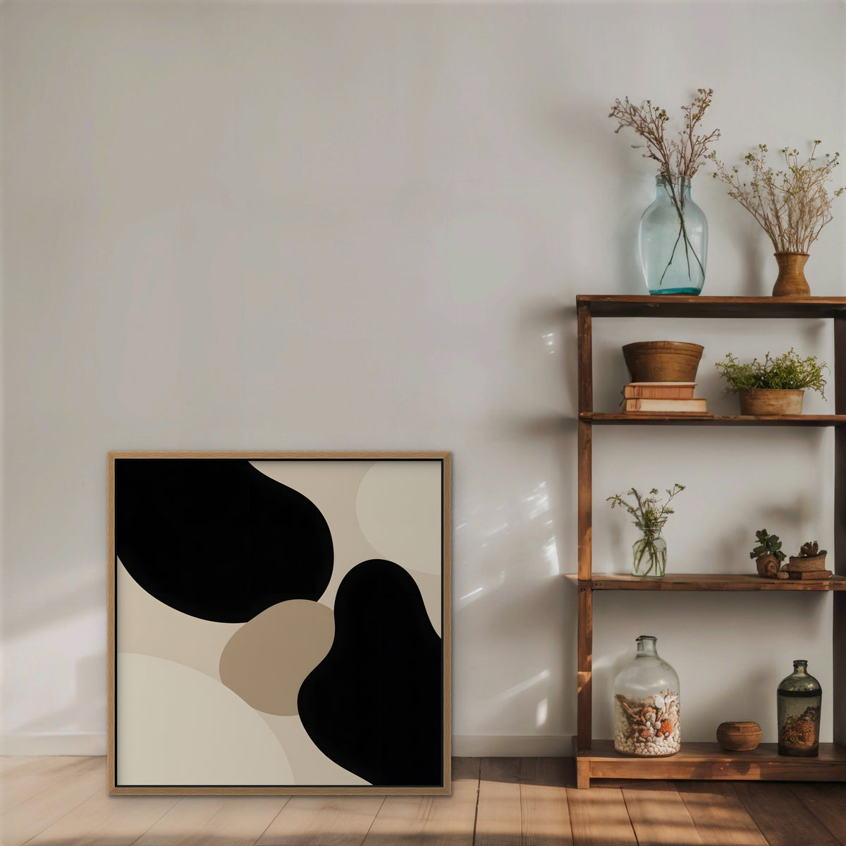 Black Organic Shapes Canvas Art - Square – Oak Floating Frame in room setting