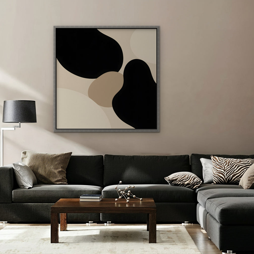 Black Organic Shapes Canvas Art - Square – Silver Floating Frame in room setting