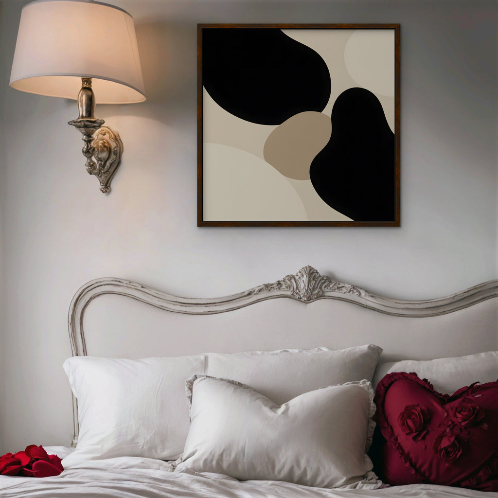 Black Organic Shapes Canvas Art - Square – Walnut Floating Frame in room setting