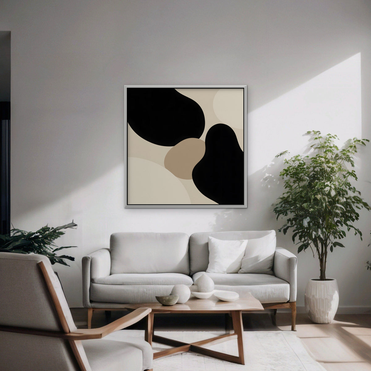 Black Organic Shapes Canvas Art - Square – White Floating Frame in room setting