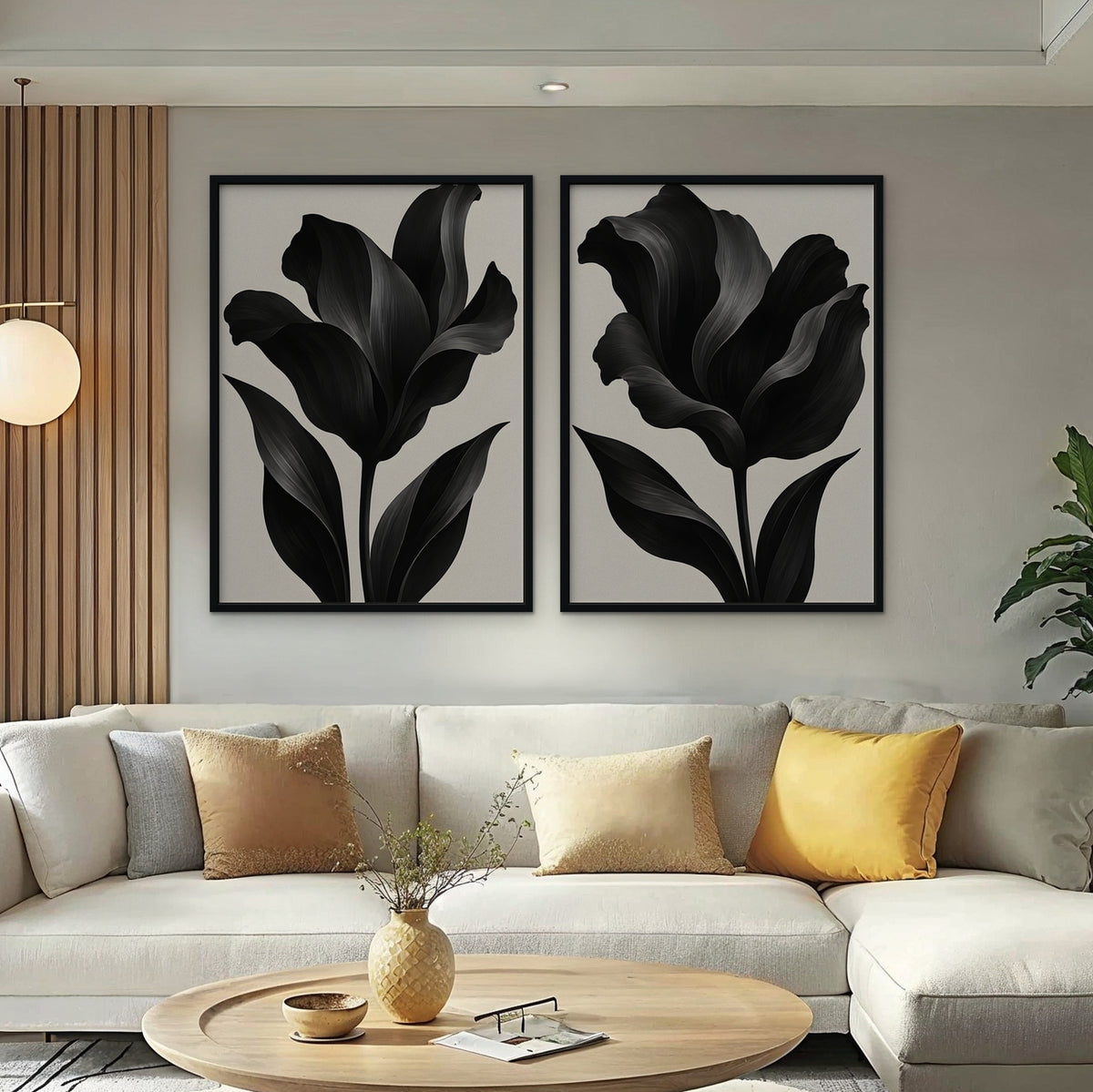 Black Tulips Canvas Art - Set of 2 – Black Floating Frame in room setting