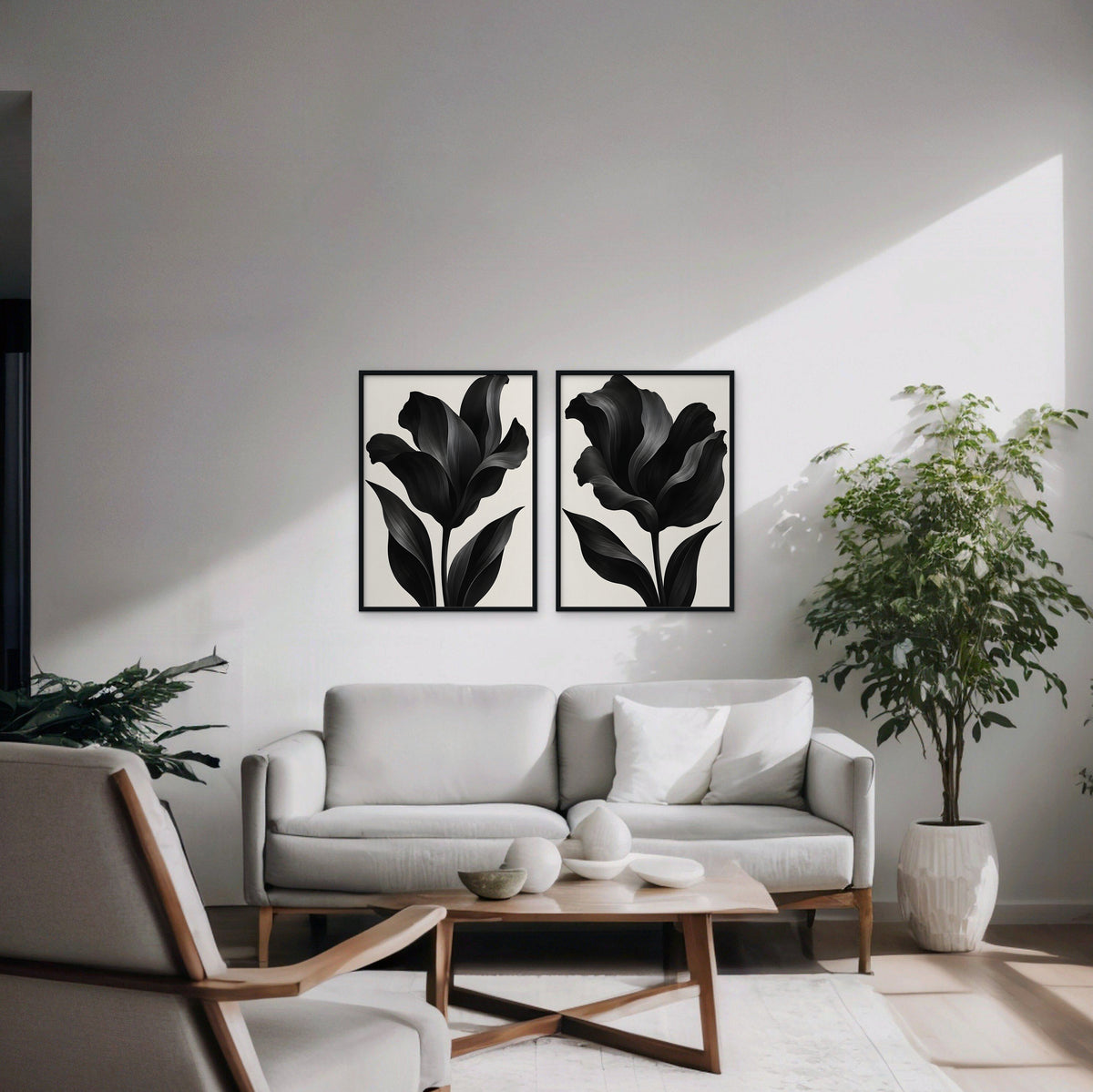 Black Tulips Canvas Art - Set of 2 – Black Floating Frame in room setting