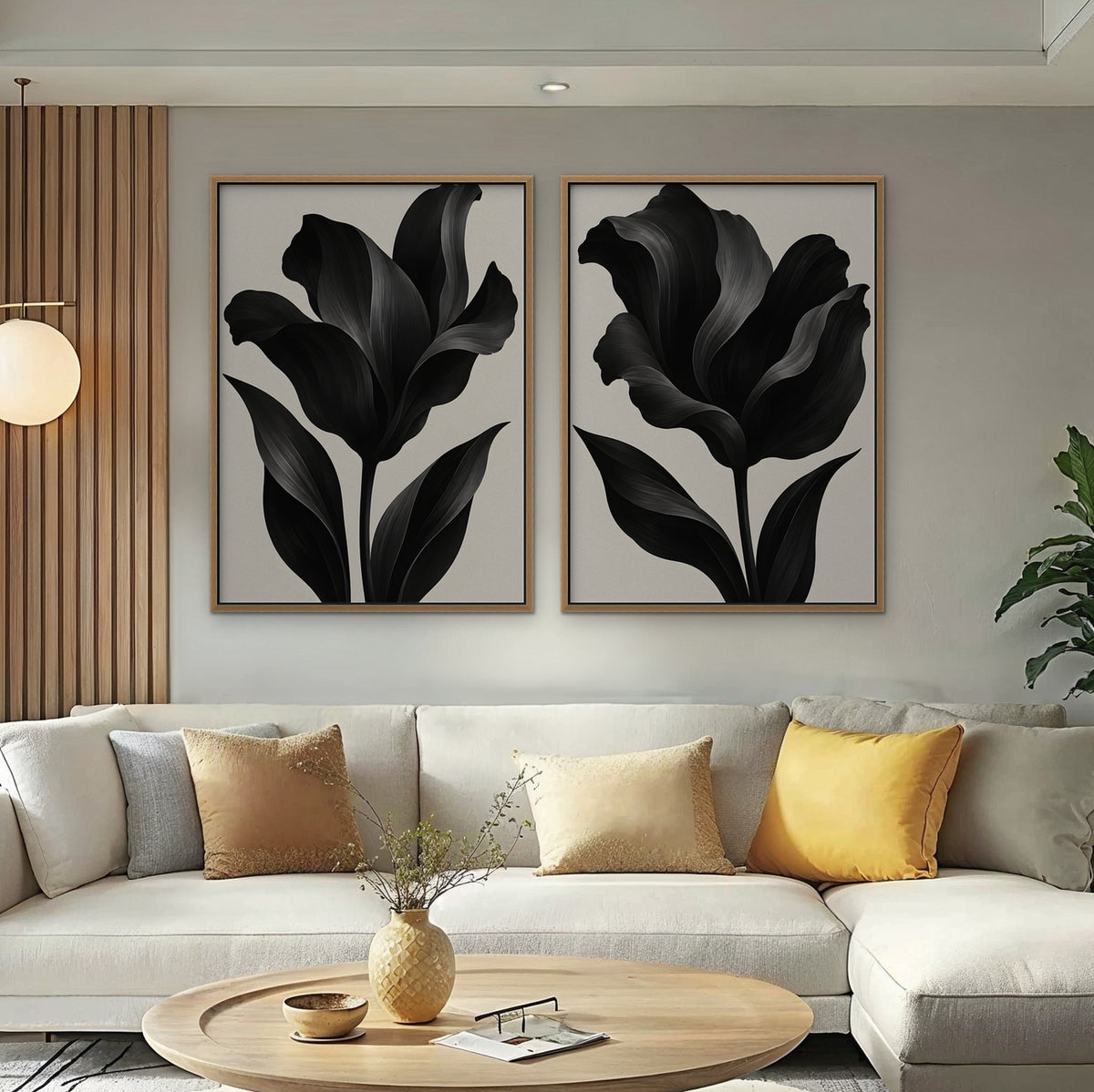 Black Tulips Canvas Art - Set of 2 – Oak Floating Frame in room setting