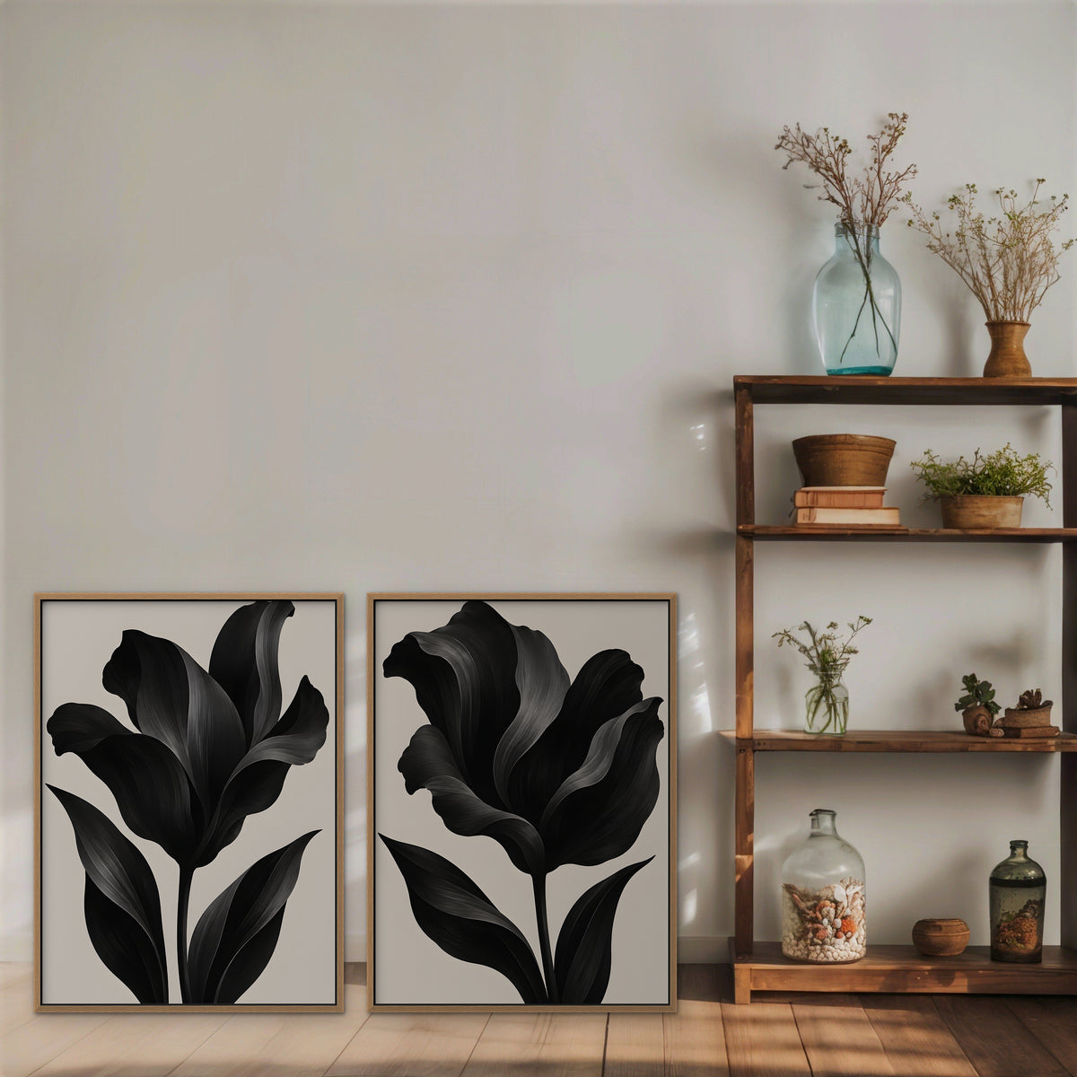 Black Tulips Canvas Art - Set of 2 – Oak Floating Frame in room setting