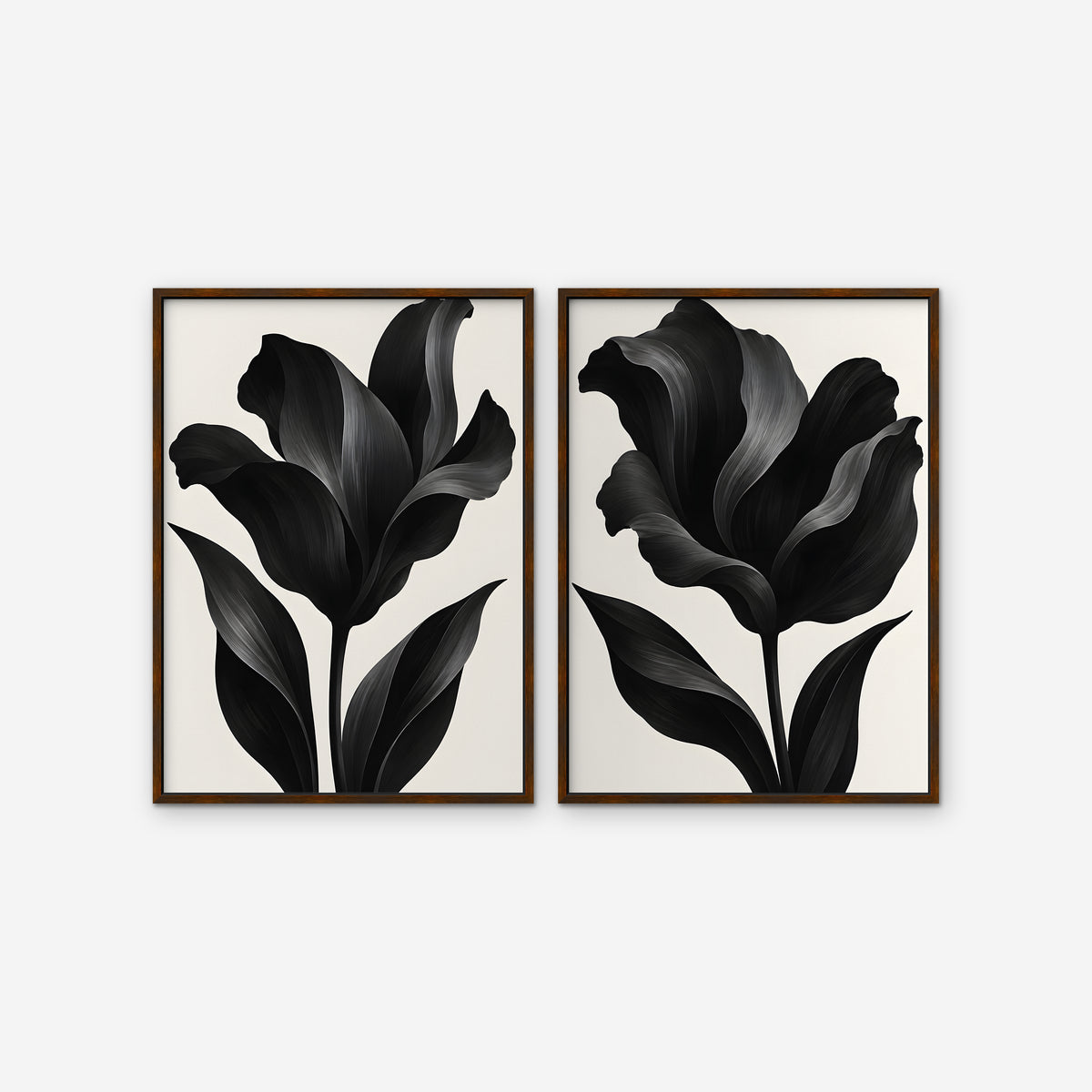 Black Tulips Canvas Art - Set of 2 – Walnut Floating Frame on white background